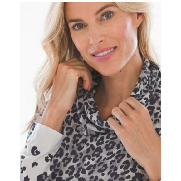 Soma Womens Tunic Top Gray Leopard Print Funnel Neck Soft Jersey ~L - Picture 2 of 5